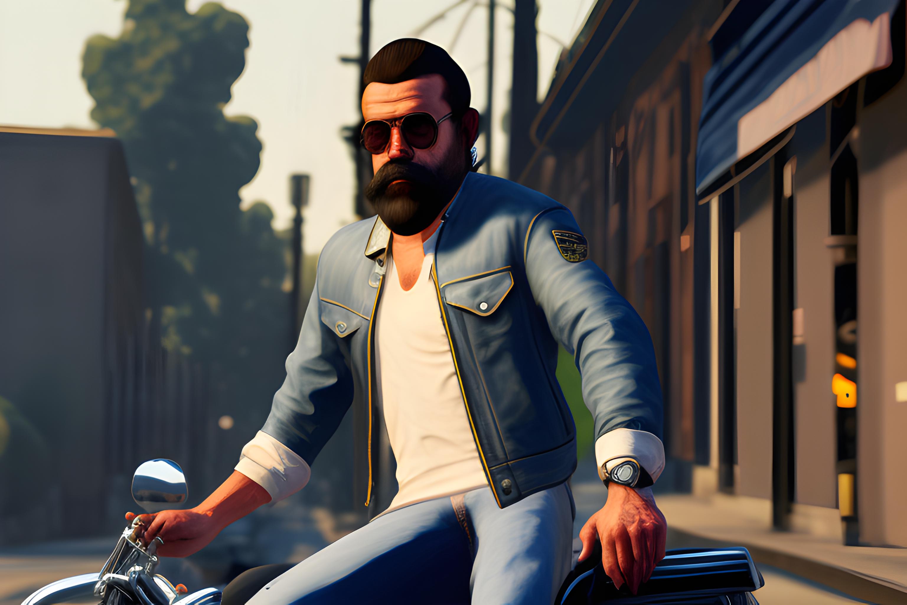 un homme assis sur une moto sur les hauteur de la ville LOS SANTOS GTA RP , Barbe, moustache, tenue de cowboy biker